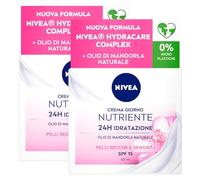 Nivea Crema Giorno Nutriente 24h Idratazione per Viso Collo e Decolleté con Hydracare Complex e Olio di Mandorla Naturale per Pelli Secche e Sensibili - 2 Barattoli da 50ml