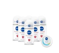 NIVEA Deodorante Roll On Dry Comfort 6 x 50 ml e Soft Mini crema corpo, viso e mani 25 g in omaggio, Cofanetto con deodorante donna e uomo e crema multiuso idratante - Kit Esclusiva Amazon