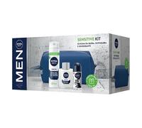 NIVEA MEN Sensitive Kit Cofanetto Regalo Uomo, Confezione con Schiuma da Barba 200ml, Balsamo Dopobarba 100ml, Deodorante Black & White 50ml e Travel Bag Inclusa