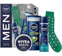 NIVEA MEN Set regalo da uomo Stuff Set per la cura con prodotti idratanti, confezione regalo con gel doccia Nivea Men Energy Fresh Ocean Deo Spray, NIVEA Men Crema e calzini