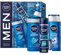NIVEA MEN Strong Power - Set regalo con prodotti rinfrescanti, confezione regalo con gel doccia Fresh Ocean, Dry Active Deo Spray, Strong Power Shampoo e Labello Men Active per la cura delle labbra