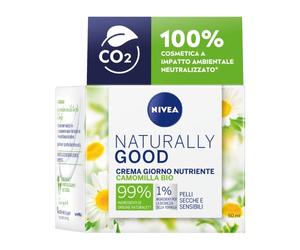 NIVEA NATURALLY GOOD Crema Giorno Nutriente 50 ml, Crema viso idratante e lenitiva per pelli sensibili, Crema nutriente con Camomilla Bio e Olio di Argan