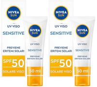 NIVEA SUN Crema UV Viso Sensitive SPF50 50 ml, Crema solare viso 50 per pelli sensibili, Protezione solare viso contro le allergie solari, Crema viso SPF 50 senza profumo dalla texture leggera