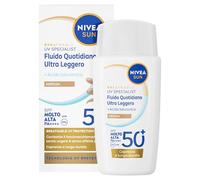 NIVEA SUN Fluido Quotidiano Ultra Leggero SPF 50+ Medium 40 ml, Crema solare viso idratante con Acido Ialuronico, Crema colorata viso per una coprenza duratura, Protezione solare ultra leggera
