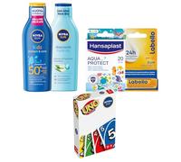 NIVEA SUN Kids Protect & Care Set Solare, Set da 5 Pezzi | Kit Solare per Bambini: Crema Solare SPF 50+, Doposole Idratante, Cerotti Hansaplast, Balsamo Labbra Labello e Carte UNO
