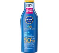 NIVEA SUN Kids Protect & Care SPF 50+ 200 ml, Crema solare 50 bambini 3+ anni per la pelle delicata, Protezione solare 50 bambini extra resistente all'acqua e al sudore con Pantenolo, Vitamina C & E