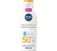 NIVEA SUN Latte Solare Kids Sensitive Protect & Play FP 50+ 200 ml, Crema Solare Bambini e Neonati dai 6 Mesi in su, Crema solare 50+ Resistente all'Acqua