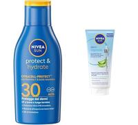 NIVEA SUN Protect & Hydrate SPF 30 Formato Viaggio 100 ml + NIVEA SUN Siero Doposole 100 ml, Idratante e rigenerante per viso e corpo, Assorbimento rapido, Senza profumo, Formato Viaggio