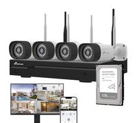 NIVIAN Kit di telecamere WiFi CCTV 2K, IA rilevamento umano, audio bidirezionale, visione notturna, registrazione HDD (10 Canali - 4 Telecamere - 1 TB, Kit di videosorveglianza con HDD)