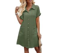Niwicee Abito Estivo Donna Scollo a V Vestito Donna Maniche Corte Cotton Elegante Abito da Camicia con Botton e Tasche Casual Abito Mare Spiaggia(Verde,M)