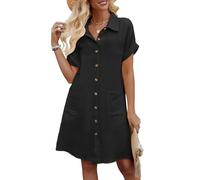 Niwicee Abito Estivo Donna Scollo a V Vestito Donna Maniche Corte Cotton Elegante Abito da Camicia con Botton e Tasche Casual Abito Mare Spiaggia(Nero,XXL)