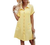 Niwicee Abito Estivo Donna Scollo a V Vestito Donna Maniche Corte Cotton Elegante Abito da Camicia con Botton e Tasche Casual Abito Mare Spiaggia(Giallo,XL)
