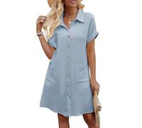 Niwicee Abito Estivo Donna Scollo a V Vestito Donna Maniche Corte Cotton Elegante Abito da Camicia con Botton e Tasche Casual Abito Mare Spiaggia(Blu,XL)