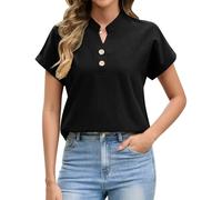 Niwicee Camicetta da Donna Camicie Manica Corta 100% Cotone Elegante Camicia Scollo a V Button Down Camicia Tinta Unita Classico Camicia Casual Estiva, da Ufficio/Casual (Nero, M)