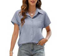Niwicee Camicia Donna Estiva Blusa Maglietta Elegante Scollo a V Camicetta Manica Corta Abbottonate Top Casual Shirt Tinta Unita Estive Shirt Classico Maglia Camicie (Blu, L)