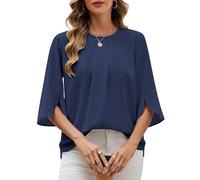 Niwicee Camicia Donna Estiva Elegante Camicia Donna Manica a 3/4 Top Girocollo Manicotto Split Casual in Chiffon Bluse Top Donna Classiaca Tshirt (Blu Marino, XXL)