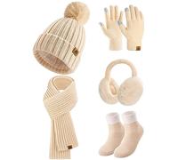 Niwicee Cappello Sciarpa Donna Invernale Guanti Touch Screen Calze Termiche Donna Plush Paraorecchie 5 Pezzi Berretto In Maglia Con Foderato In Pile Caldo Sciarpa Regalo Di Invernali-Albicocca-