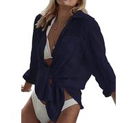 Niwicee Copricostume Donna Mare Camicia Lunga Donna Vestito Copricostume, Camicetta Scollo a V Camicia in Cotone, Camicie con Nodo Casual Bikini Cover up per Piscina Mare Estate Vacanza-Blu Navy-L