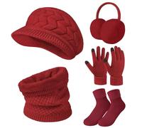 Niwicee Invernali Donna Regali Compleanno Donna Sciarpa Donna Invernale Regali Per Lei Cappello Guanti 5 Pezzi In Maglia Caldo Invernale Set Halloween Natale Regali-Vino rosso-
