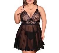 Niwicee Lingerie Donna Sexy Intima Babydoll Pizzo Maglia Trasparente Pigiama Mini Abito con Collo a V Camicia Taglia Plus Intimo con Perizoma (Nero, XXL)