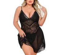 Niwicee Lingerie Donna Sexy Intima Babydoll Pizzo Mini Abito Trasparente Pigiama Scollo a V Camicia da Notte Mesh con Perizoma Taglia Plus Intimo (Nero, XXL)