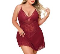 Niwicee Lingerie Donna Sexy Intima Babydoll Pizzo Mini Abito Trasparente Pigiama Scollo a V Camicia da Notte Mesh con Perizoma Taglia Plus Intimo (Borgogna, 3XL)