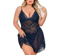 Niwicee Lingerie Donna Sexy Intima Babydoll Pizzo Mini Abito Trasparente Pigiama Scollo a V Camicia da Notte Mesh con Perizoma Taglia Plus Intimo (Blu Navy, XXL)