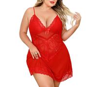 Niwicee Lingerie Donna Sexy Intima Babydoll Pizzo Mini Abito Trasparente Pigiama Scollo a V Camicia da Notte Mesh con Perizoma Taglia Plus Intimo (Rosso, XXL)