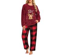 Niwicee Pigiama Donna Invernale Natalizio in Pile - Set Pigiami da Notte Due Pezzi con Natale Top e Pantaloni Lunghi con Tasche per Regalo di Natale o Loungewear da Casa(Rosso Vino,S)