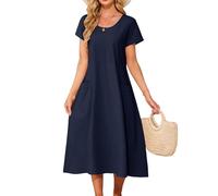 Niwicee Vestiti Estivi Donna Elegant Abito Medio Lunghi Scollo a Rotondo a Maniche Corte Casual Abiti Cotone Tinta Unita Vestito da Mare Lunghezza Oltre Il Ginocchio con Tasche (Blu Scuro, S)