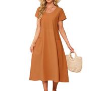 Niwicee Vestiti Estivi Donna Elegant Abito Medio Lunghi Scollo a Rotondo a Maniche Corte Casual Abiti Cotone Tinta Unita Vestito da Mare Lunghezza Oltre Il Ginocchio con Tasche (Arancione, M)