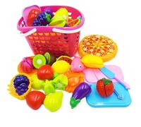 NIWWIN Set Giocattolo Cucina Bambini con Cesto Portagiochi - 27 Pezzi Frutta e Verdura Tagliabile Inclusa Pizza da Taglio, Coltelli di Legno Finto e Alimenti Educativi per Bambini 3+ Anni