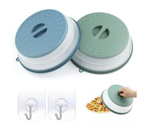 NIXRET Set di 2 coperchi per piatti del microonde pieghevoli, coperture per piatti con maniglia anti-schizzi a cupola, in silicone, per cucina