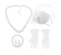 NIYANGLE 1 set di cappelli da donna con fascinator, guanti corti in pizzo, collana di perle, bracciale e orecchini per funerali, Halloween, estivi vittoriani