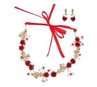NIYANGLE 1 Set Set di copricapo degli orecchini Orecchino da sposa matrimonio copricapo floreale matrimonio per la sposa accessori per per le donne da sposa Elegante fascia rosso