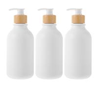 NIYANGLE Set 3 Dosatori Shampoo Ricaricabili 500ml in Pet e Legno, Bottiglie Portatili ed Eleganti per Evitare Sprechi, per Viaggi e Uso Quotidiano