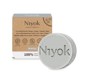 Niyok Doccia solida 4 in 1 "Athletic Grey" 80g, sapone per corpo + capelli + viso + barba, cura del corpo sostenibile tutto-in-uno + sapone doccia + shampoo + detergente viso