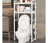 Nizer, mensola da bagno a 2 strati, in acciaio al carbonio, con cestello estraibile in rete, piedini antiscivolo regolabili, design autoportante retrattile, finitura bianca