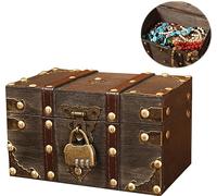 Nizirioo Forziere del tesoro in legno vintage con lucchetto a combinazione: piccolo scrigno del tesoro dei pirati, portagioie con coperchio, per compleanno dei bambini, salvadanaio con serratura,