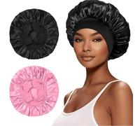 NJCXOLA 2 Pezzi Cuffia Seta Capelli Notte, Cuffia di Seta, Involucro di Seta per Capelli per Dormire, Cuffia Notte Capelli Ricci, Morbida e Confortevole Cuffia per Dormire in Raso (Nero, Rosa)