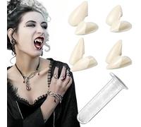 NJCXOLA Denti da vampiro, Kit di zanne da Vampiro Halloween, 4 Paia Zanne dei denti vampiro, 4 Dimensioni Denti Finti da Vampiro, con 1 Tubo di granuli Adesivi