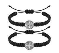 NJIEzhao Bracciale in Corda Intrecciata 2 pezzi braccialetti con medaglia di San Benedetto cattolico regolabili cordino nero e rosso gioielli religiosi regali for uomo donna(Black String)