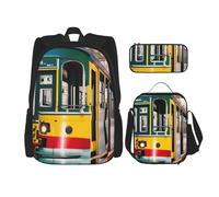 njkhbolk Lisbon Tram Print 3 in 1 zaino set con borsa per il pranzo e astuccio, adatto per lavoro, picnic, viaggi, nero, Taglia unica