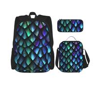 njkhbolk Set zaino 3 in 1 con stampa a squame di drago magico 3D, con borsa per il pranzo e astuccio, adatto per lavoro, picnic, viaggi, nero, Taglia unica