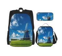 njkhbolk Set zaino 3 in 1 con stampa blu mulino a vento con borsa per il pranzo e astuccio, adatto per lavoro, picnic, viaggi, nero, Taglia unica