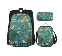 njkhbolk Set zaino 3 in 1 con stampa di fiori di mandorlo con borsa per il pranzo e astuccio, adatto per lavoro, picnic, viaggi, nero, Taglia unica