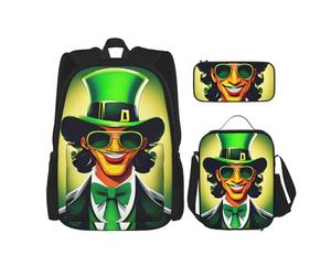 njkhbolk Set zaino 3 in 1 con stampa "Happy St Patrick's Day", con borsa per il pranzo e astuccio, adatto per lavoro, picnic, viaggi, nero, Taglia unica