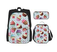 njkhbolk Zainetto 3 in 1 con stampa di cupcake, borsa per il pranzo e astuccio, adatto per lavoro, picnic, viaggi, nero, Taglia unica