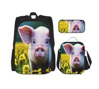 njkhbolk Zainetto 3 in 1 con stampa di fiori di colza, con borsa per il pranzo e astuccio, adatto per lavoro, picnic, viaggi, nero, Taglia unica
