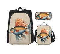 njkhbolk Zainetto 3 in 1 con stampa di pesce volante, con borsa per il pranzo e astuccio, adatto per lavoro, picnic, viaggi, nero, Taglia unica